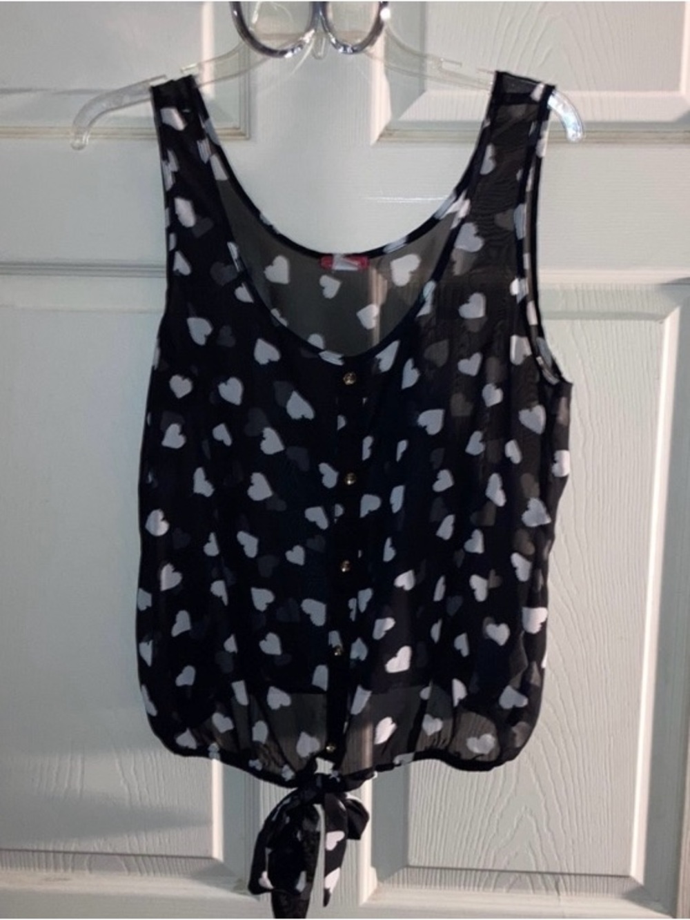 Black Semi-Shear Heart Print Tie-Hem Tank Top Juniors Size L
